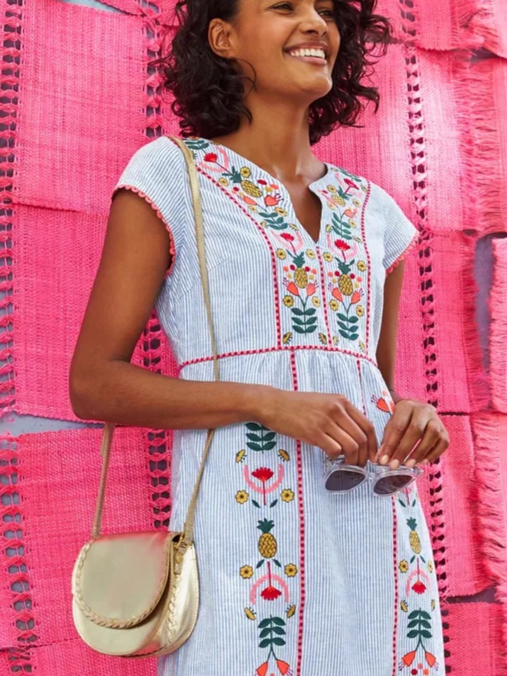 Boden Blue & White Striped Embroidered Midi Dress with Pink Accents